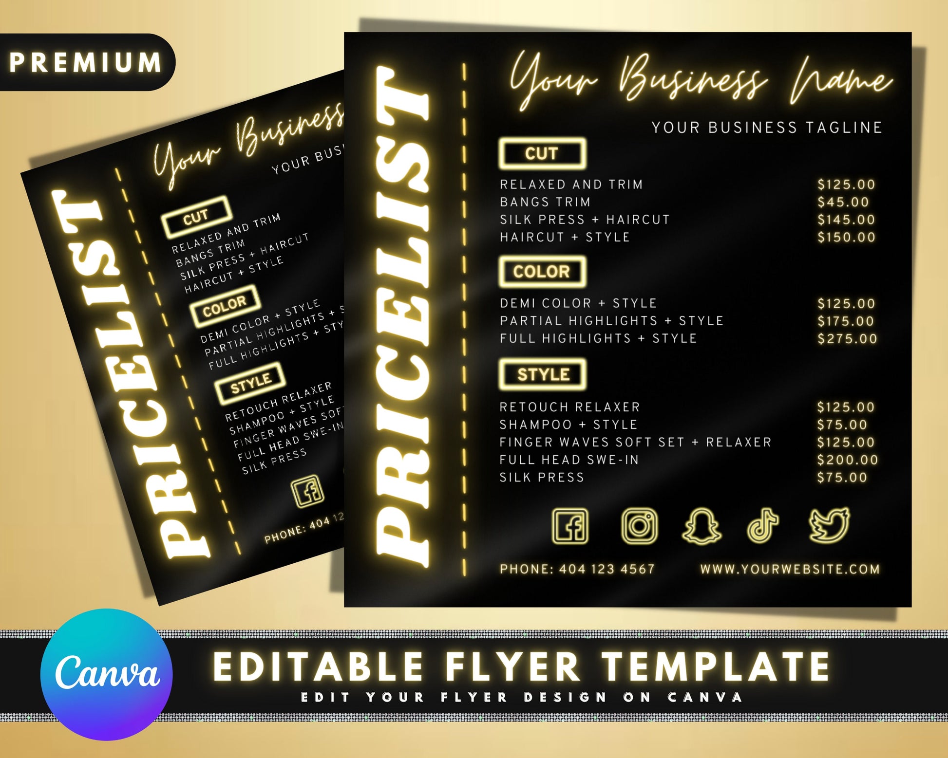 Gold Price List, DIY Flyer Template Design, Business Price List Flyer, Pricing Guide Sheet, Beauty Price List, Premade Salon Business Flyer