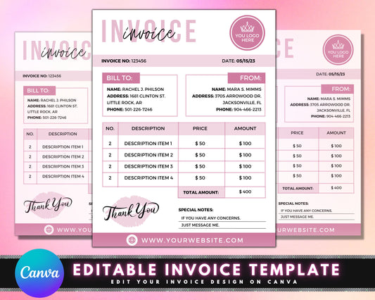 Sales Invoice Template, DIY Invoice Template Design, Beauty Business Invoice, Receipt Template, Makeup Service Invoice, Premade Invoice