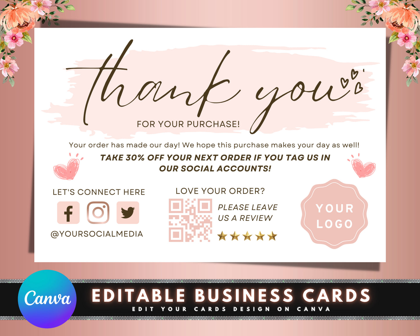 thank you card, diy marketing cards template design, thank you for order packaging card, package insert thank you cards, small business card