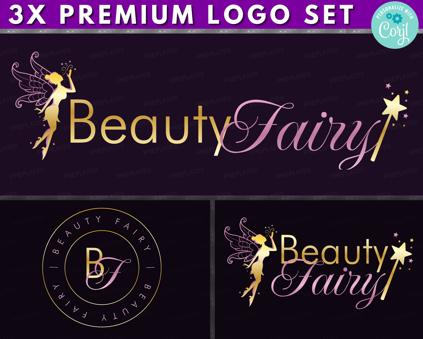 fairy logo, diy logo design template, text based logo, boutique logo, photography logo, gold pixie logo, wand logo, premade business logo