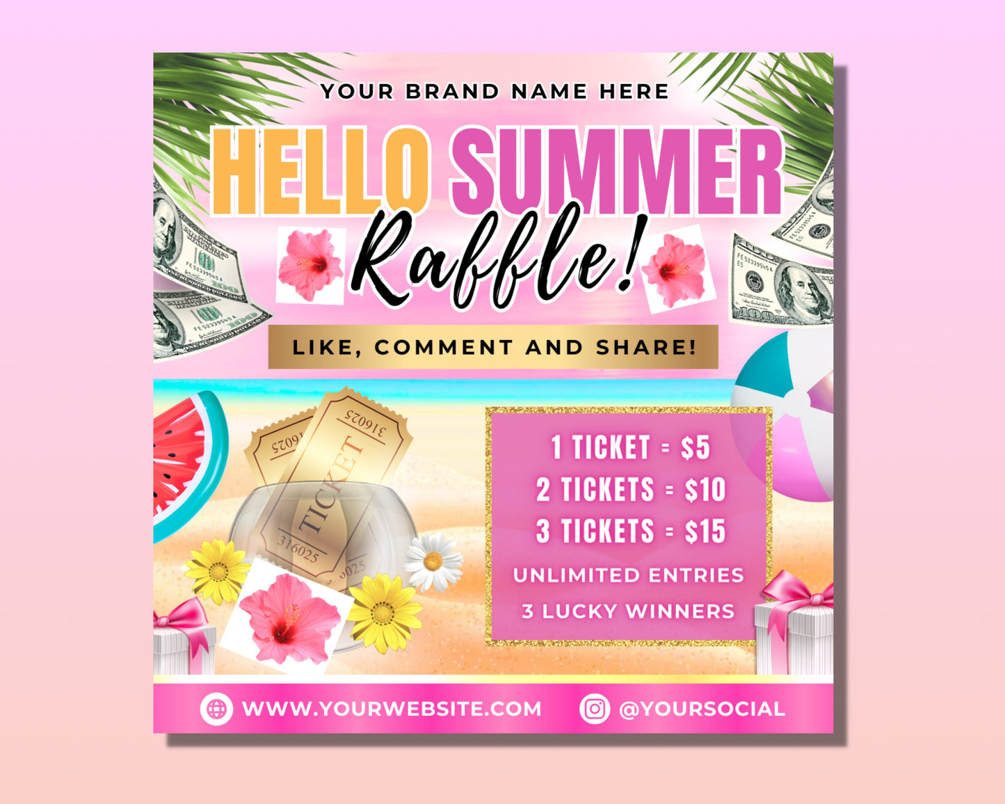 summer season giveaway flyer, diy flyer template design, hair raffle ticket flyer, summer raffle flyer, premade social media raffle flyer