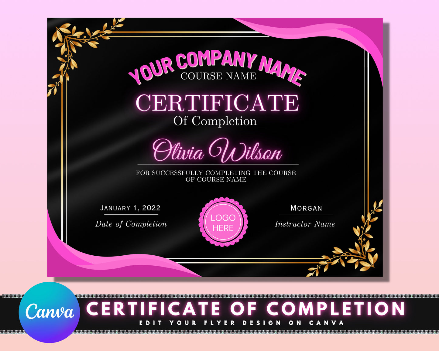 certificate of completion, diy course completion template, participation certificate, beauty hair nails lashes editable training certificate