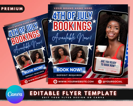 Fourth Of July Booking Flyer, DIY Flyer Template Design, Appointment Flyer, Book Now Flyer, Hair Flyer, Business Social Media Instagram Post