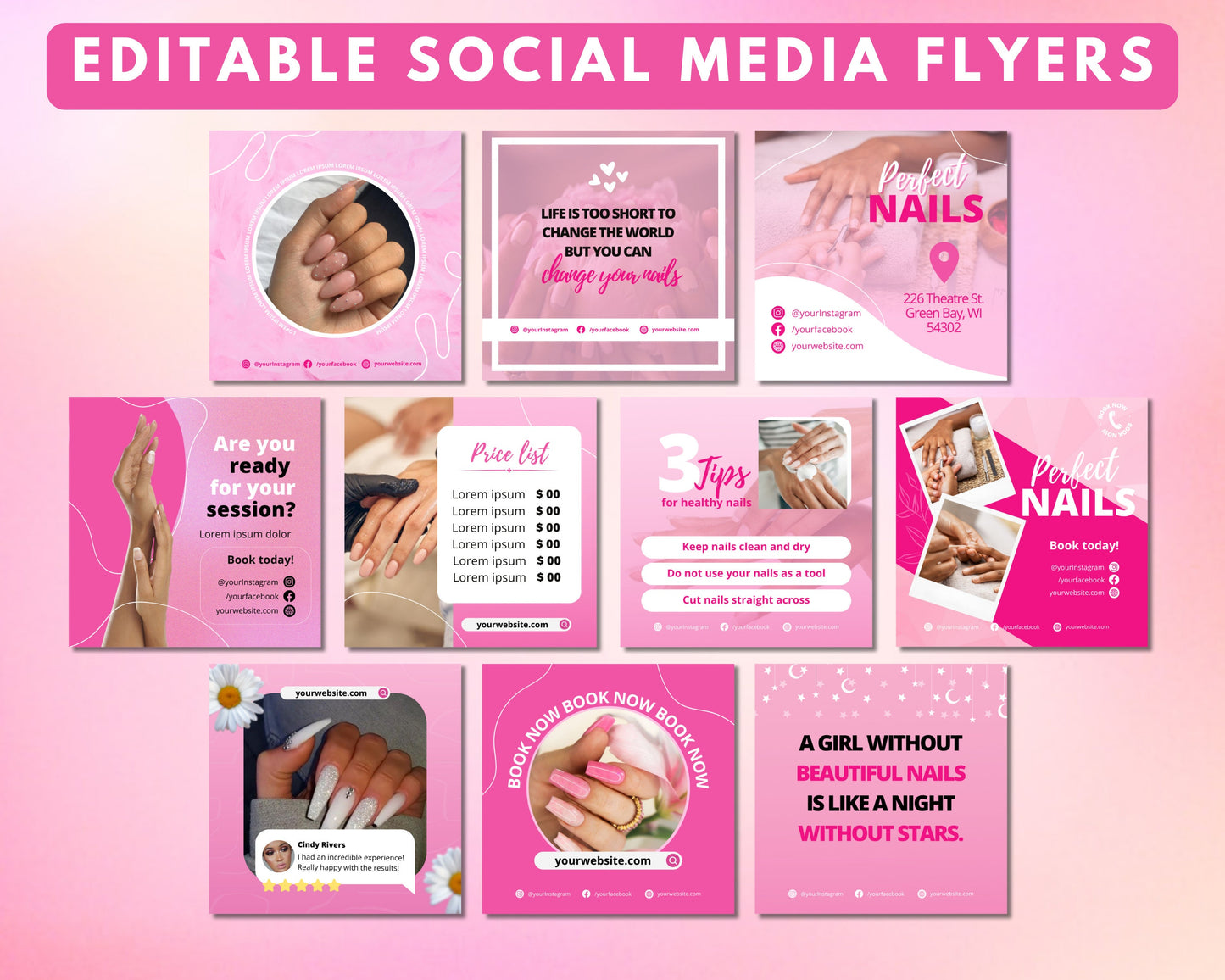 nails social media post template bundle, diy flyer design, press on nails engagement posts, instagram content posts, nail business flyers