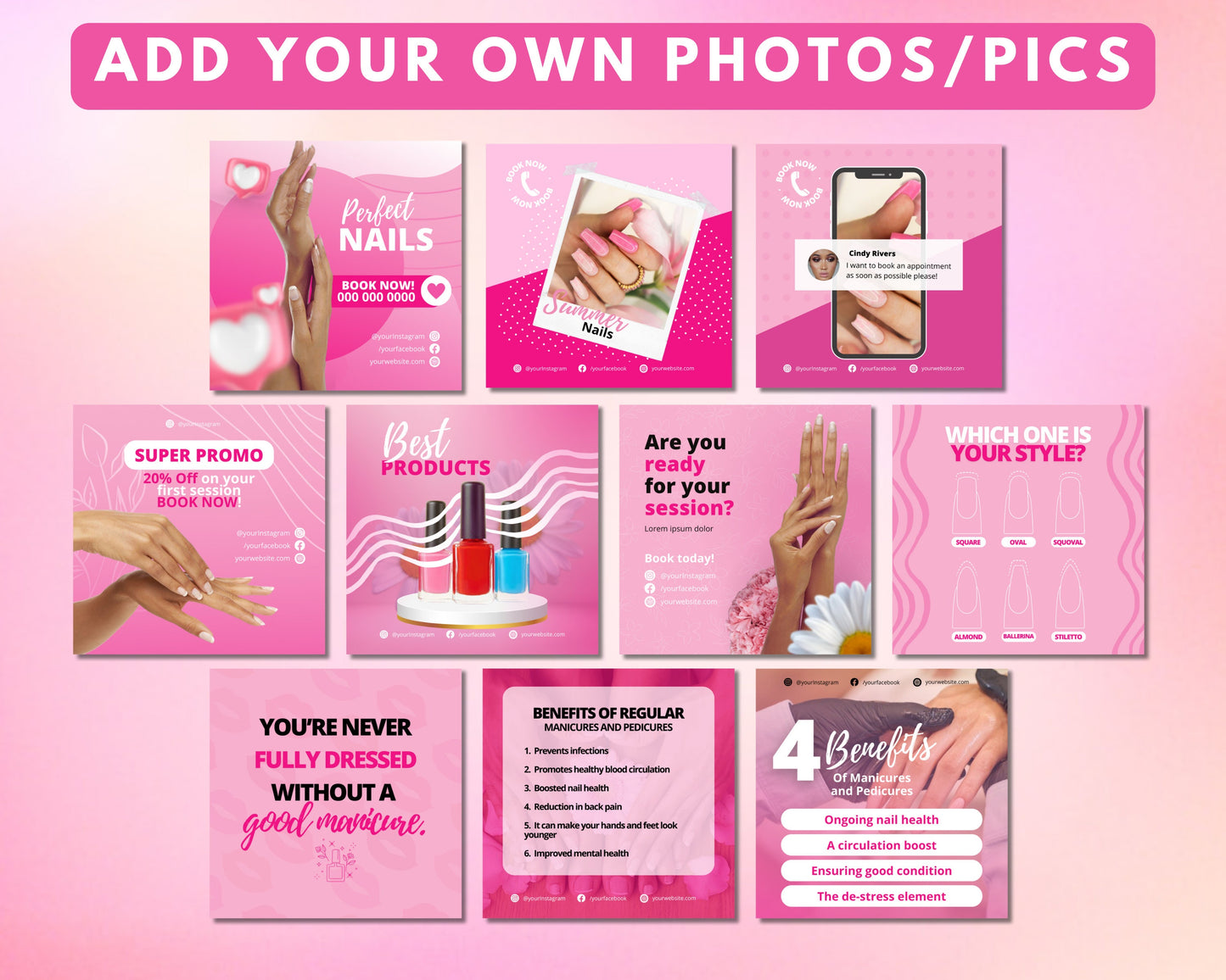 nails social media post template bundle, diy flyer design, press on nails engagement posts, instagram content posts, nail business flyers