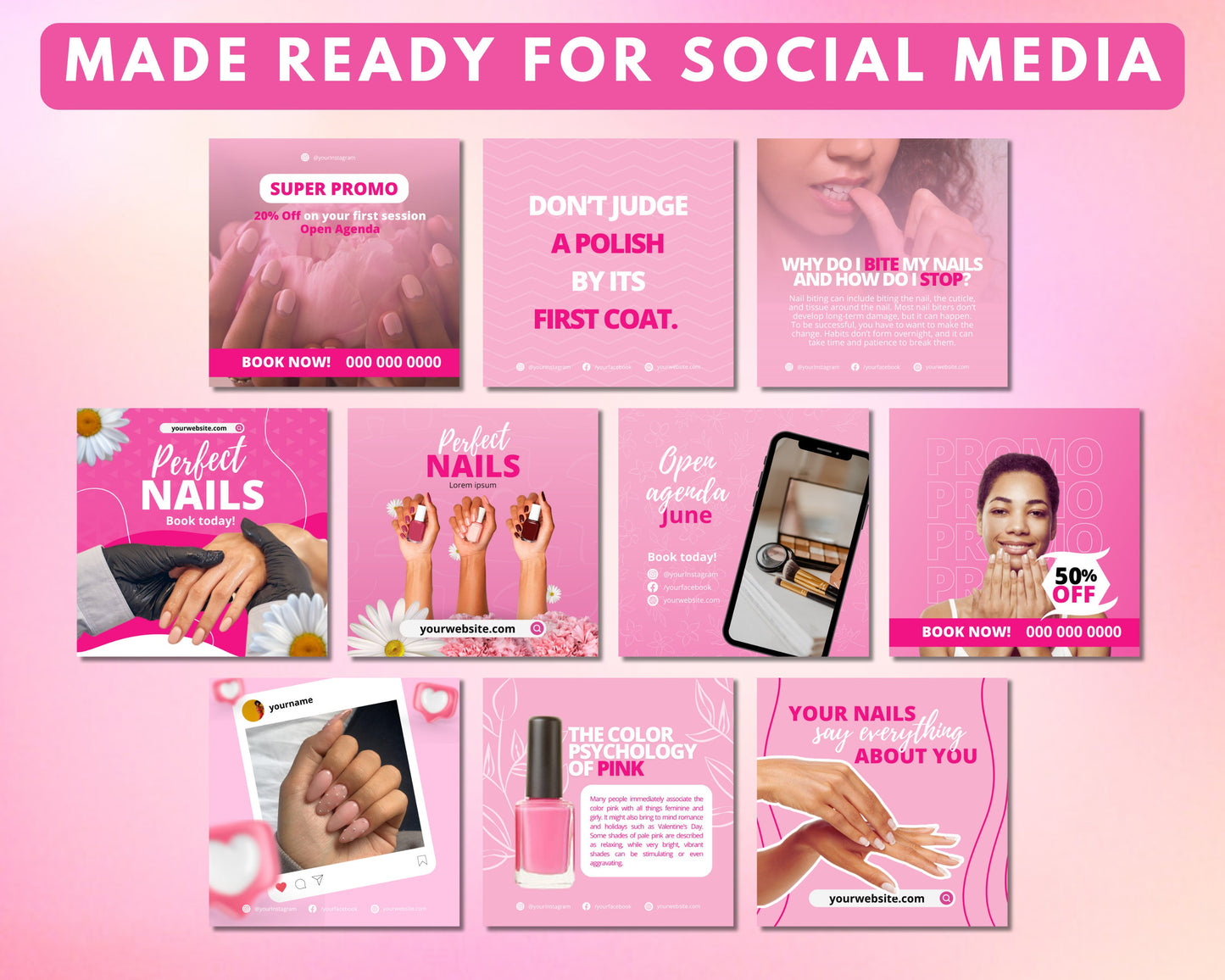 nails social media post template bundle, diy flyer design, press on nails engagement posts, instagram content posts, nail business flyers