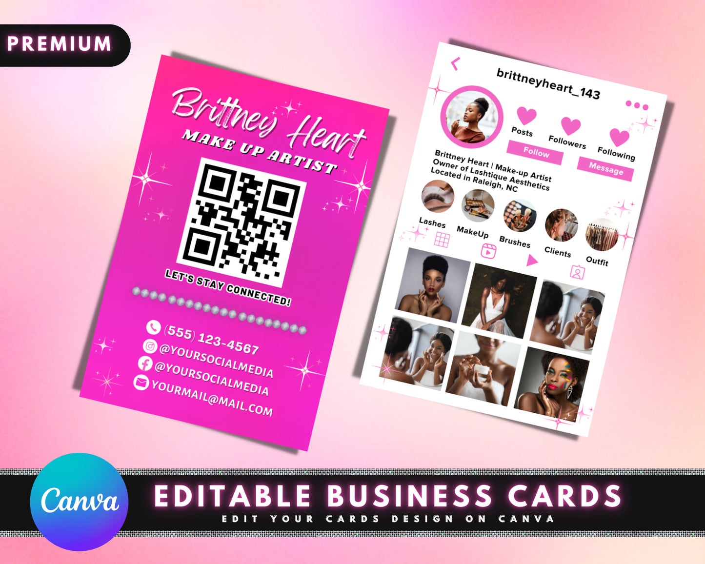 instagram business cards, diy canva digital business card template design, ig influencer cards, pink business cards, premade business cards