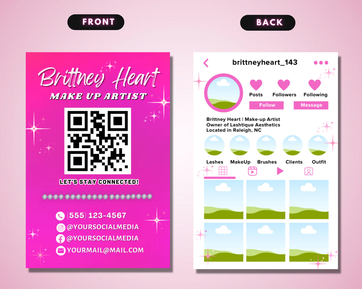 instagram business cards, diy canva digital business card template design, ig influencer cards, pink business cards, premade business cards