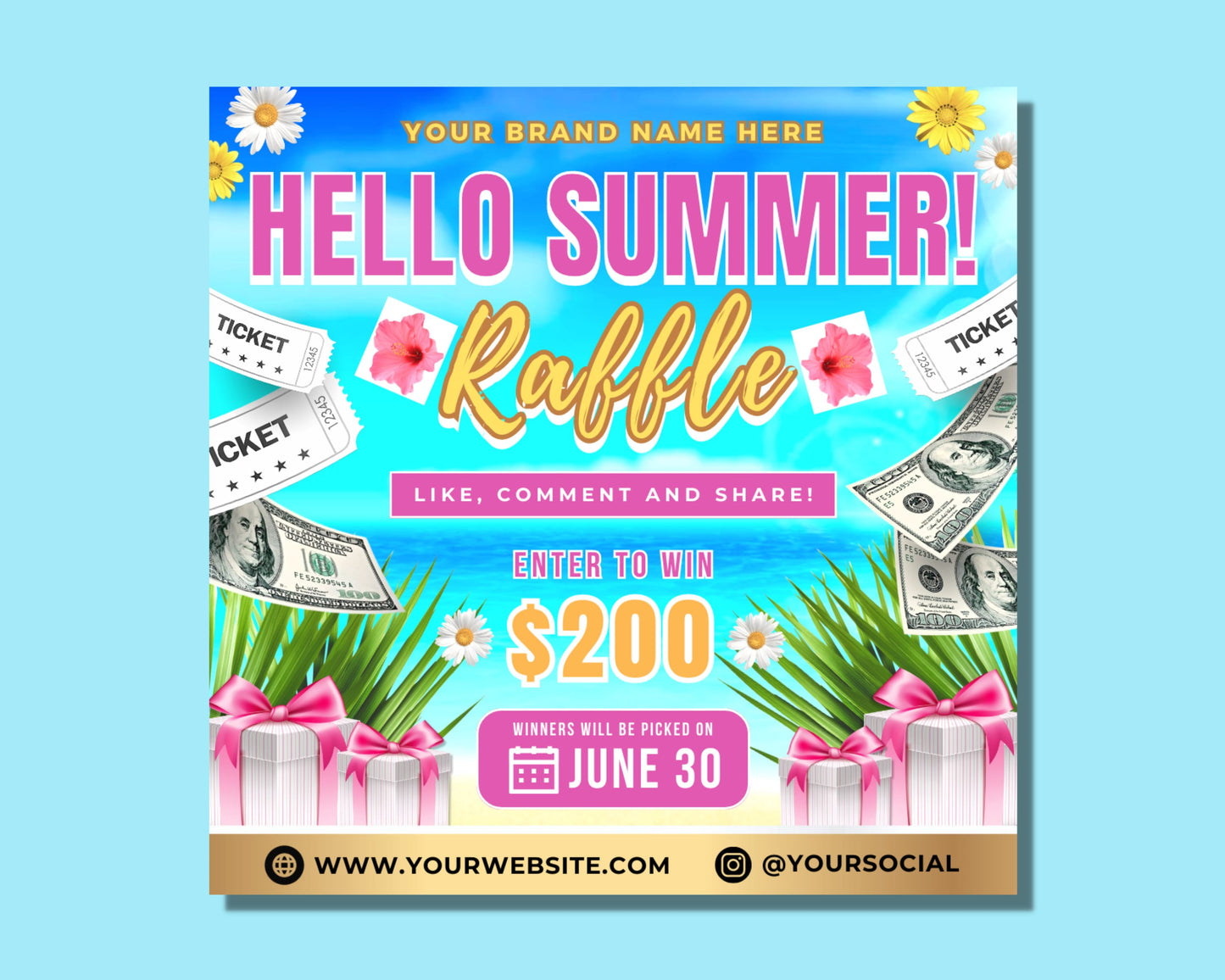 summer raffle flyer, diy flyer template design, summer season giveaway flyer, hair raffle ticket flyer, premade social media raffle flyer