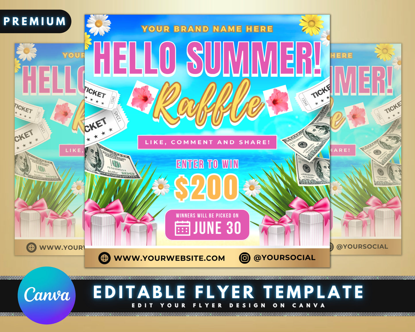 summer raffle flyer, diy flyer template design, summer season giveaway flyer, hair raffle ticket flyer, premade social media raffle flyer