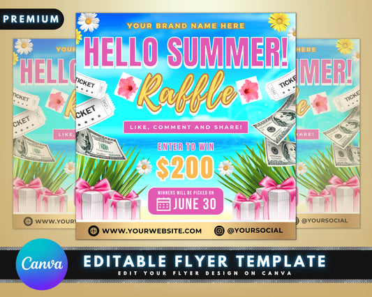 Summer Raffle Flyer, DIY Flyer Template Design, Summer Season Giveaway Flyer, Hair Raffle Ticket Flyer, Premade Social Media Raffle Flyer