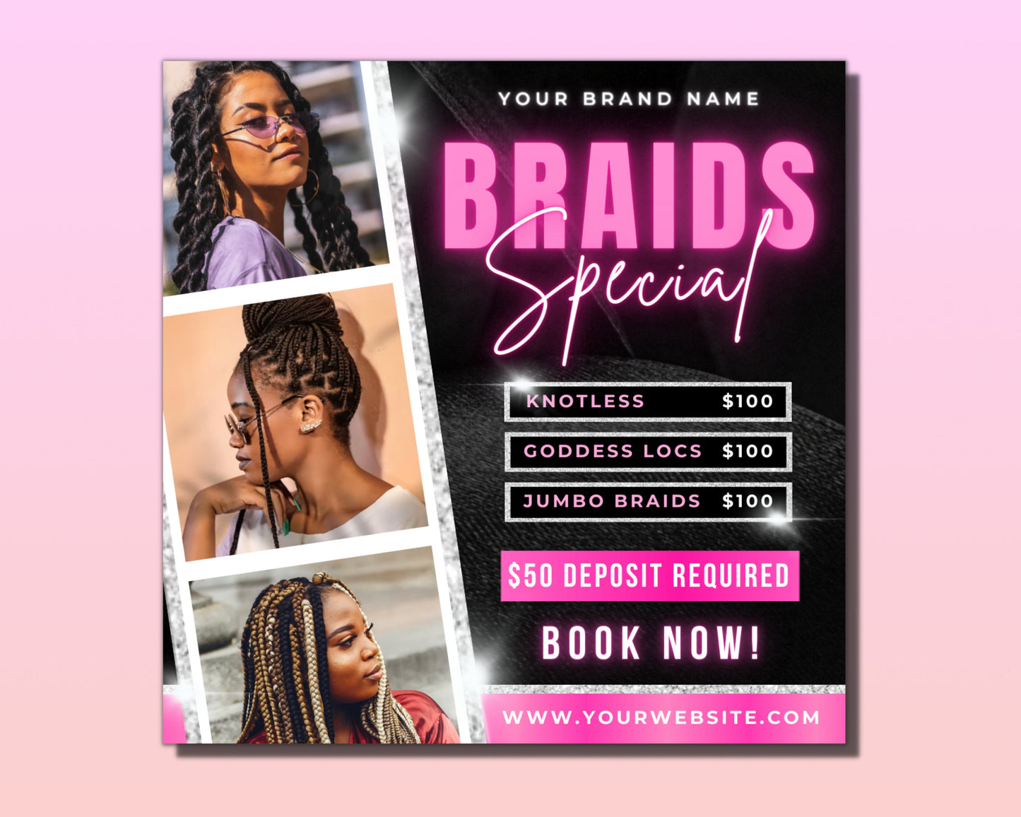 braids specials flyer, diy flyer template design, braids appointment flyer, book now braids flyer, braids sale flyer, premade instagram post