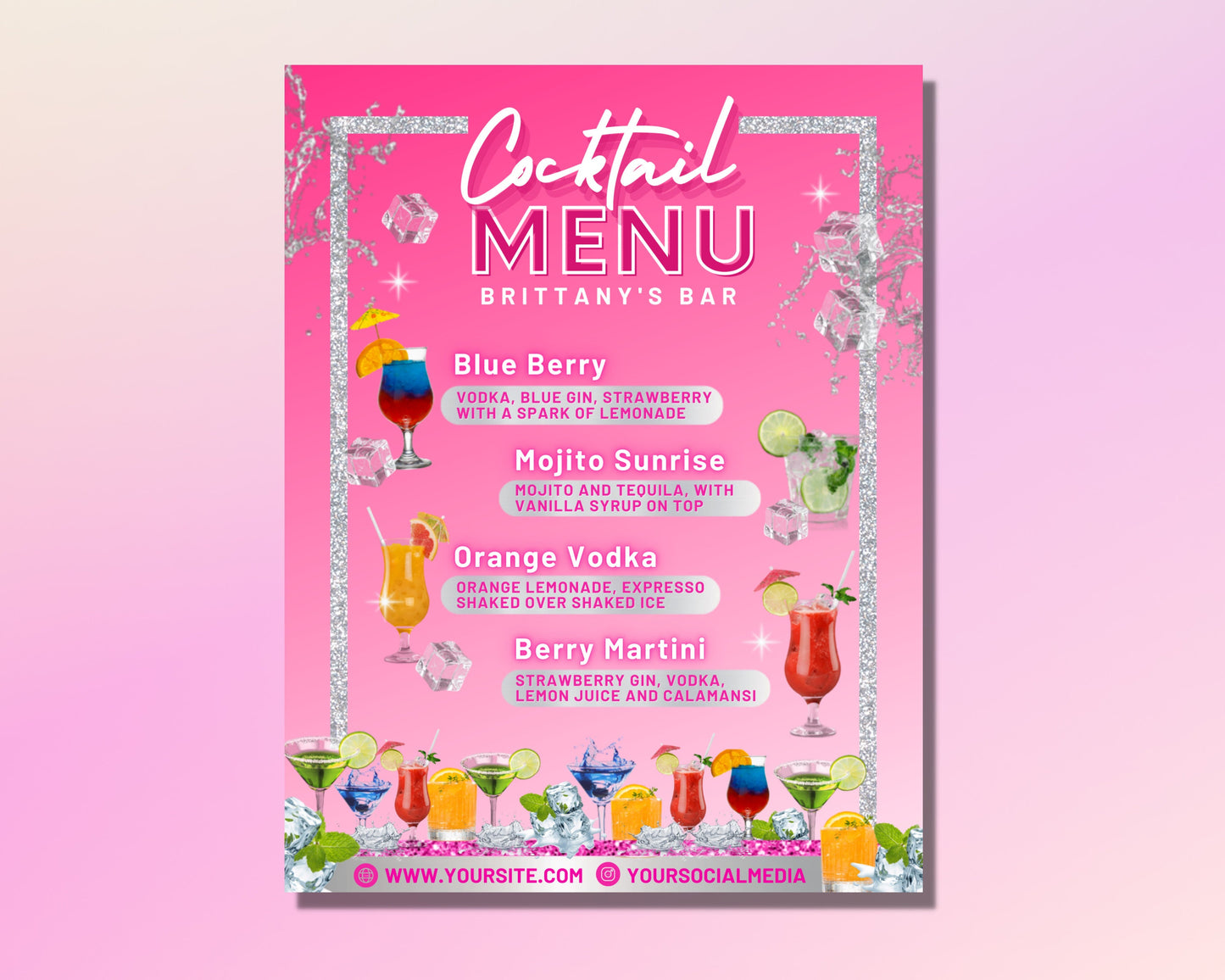 cocktail menu flyer, diy flyer template design, bar menu sign flyer, bartender flyer, signature drinks sign, premade instagram party flyer