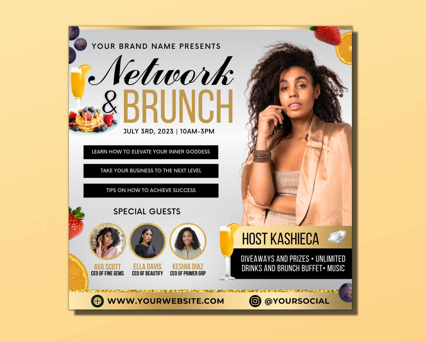 networking brunch flyer, diy flyer template design, business conference flyer, women's event coaching flyer, premade seminar instagram post