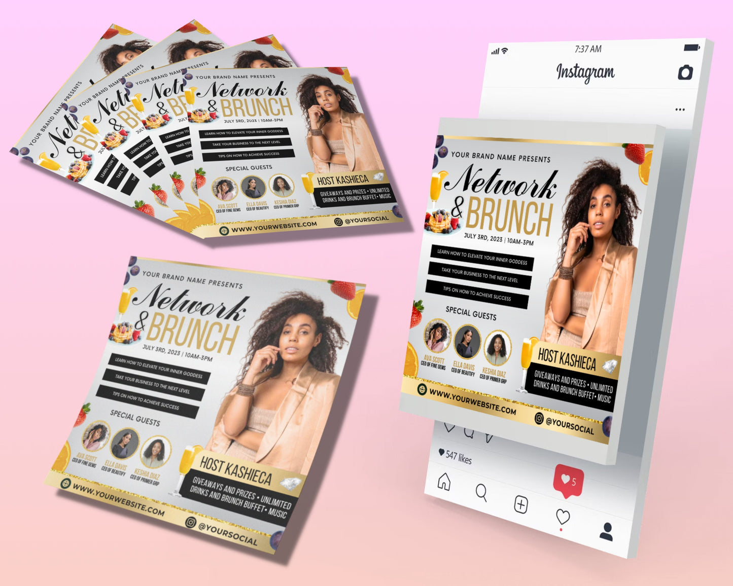 networking brunch flyer, diy flyer template design, business conference flyer, women's event coaching flyer, premade seminar instagram post