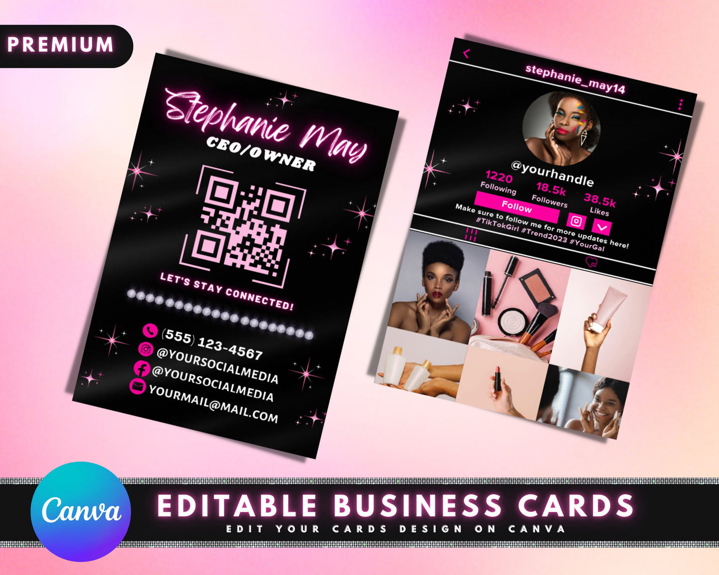 tiktok business cards, diy canva business card template design, trendy influencer cards, qr code digital cards, premade business owner cards