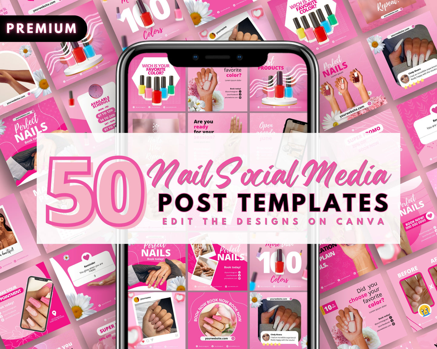 nails social media post template bundle, diy flyer design, press on nails engagement posts, instagram content posts, nail business flyers