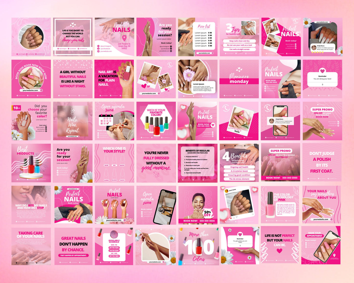 nails social media post template bundle, diy flyer design, press on nails engagement posts, instagram content posts, nail business flyers