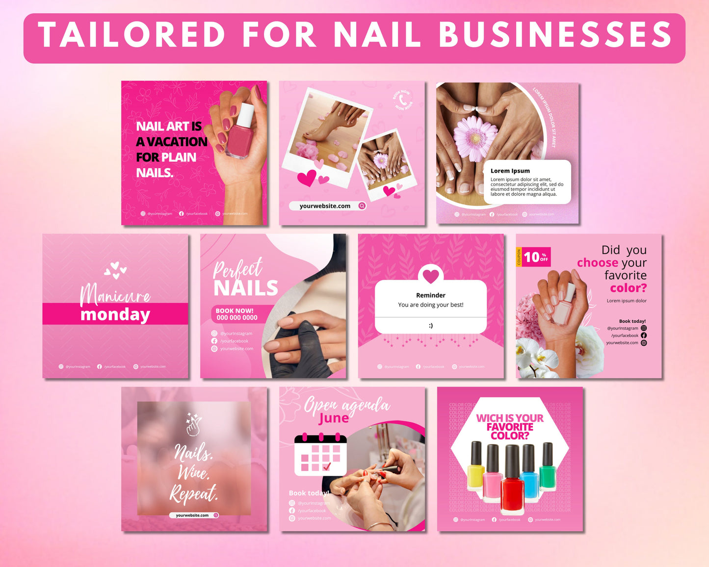 nails social media post template bundle, diy flyer design, press on nails engagement posts, instagram content posts, nail business flyers