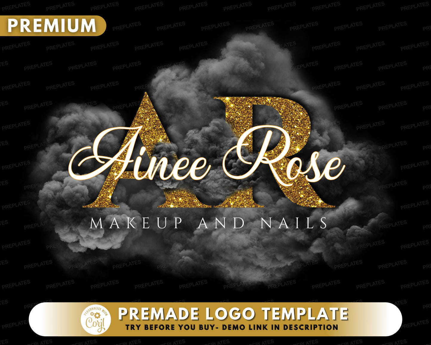 beauty logo, diy logo design template, smoke logo, nail boutique logo, gold glitter logo, makeup artist logo, cosmetics logo, premade logo