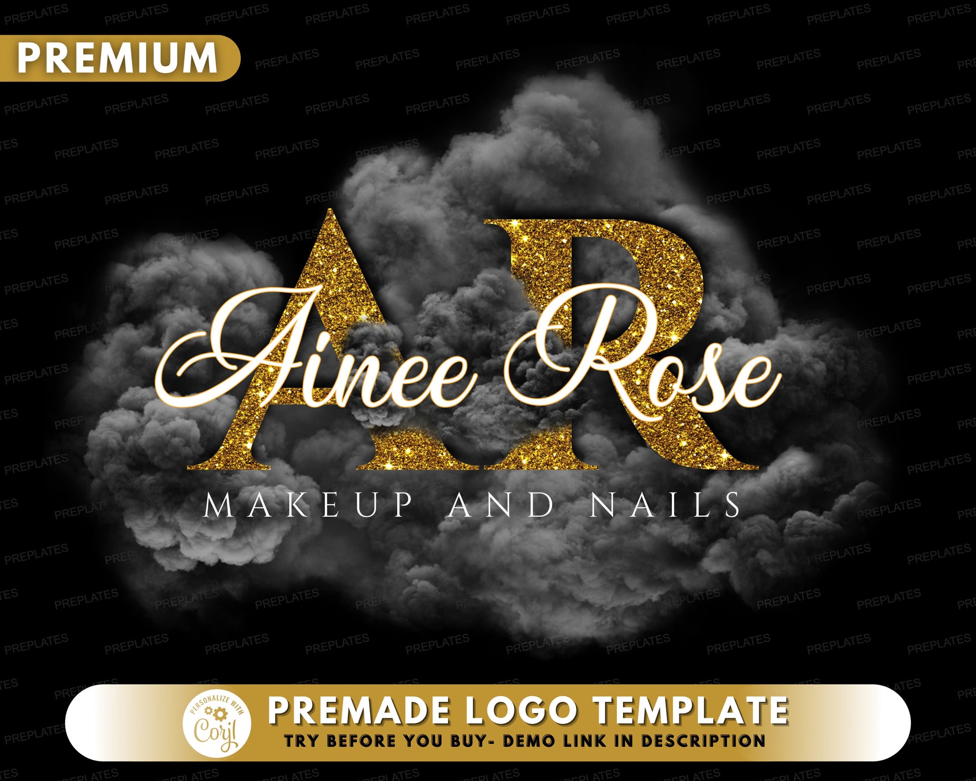 Beauty Logo, DIY Logo Design Template, Smoke Logo, Nail Boutique Logo, Gold Glitter Logo, Makeup Artist Logo, Cosmetics Logo, Premade Logo