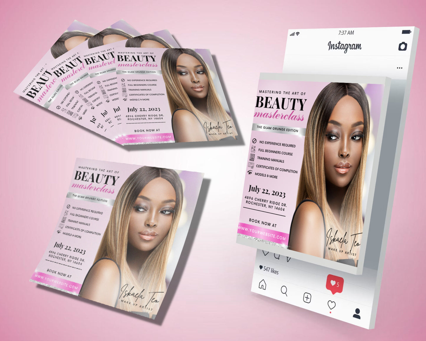 beauty masterclass flyer, diy flyer template design, makeup course flyer, makeup training flyer, makeup artist flyer, premade instagram post