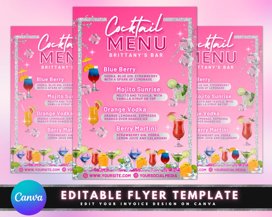 Cocktail Menu Flyer, DIY Flyer Template Design, Bar Menu Sign Flyer, Bartender Flyer, Signature Drinks Sign, Premade Instagram Party Flyer