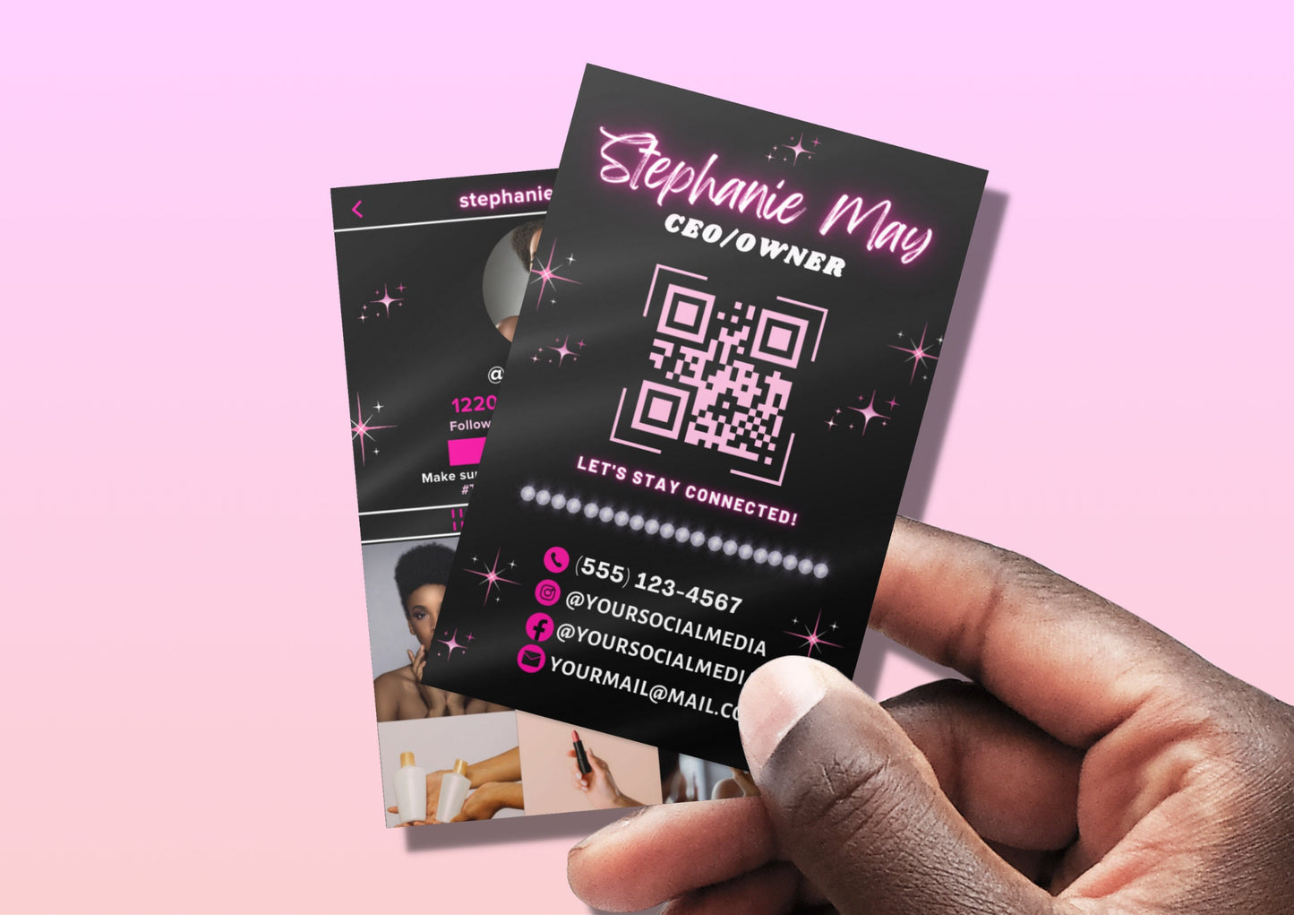 tiktok business cards, diy canva business card template design, trendy influencer cards, qr code digital cards, premade business owner cards