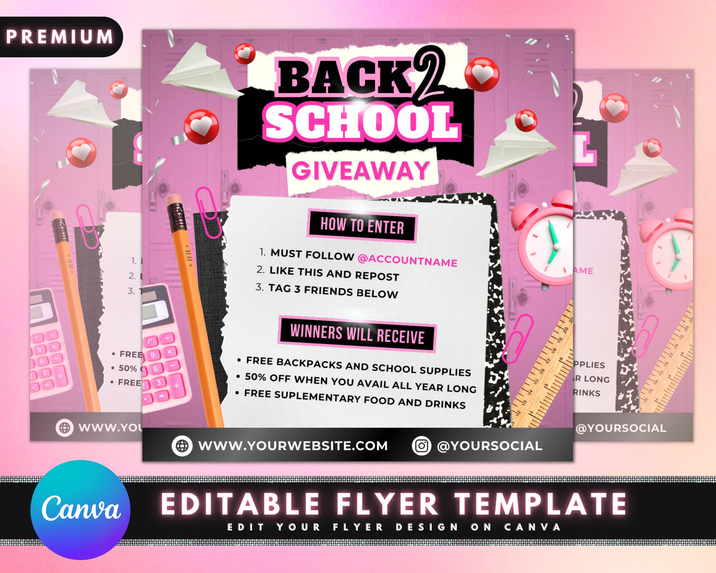 back to school giveaway flyer, diy flyer template design, back to school contest flyer, raffle ticket event flyer, premade social media post