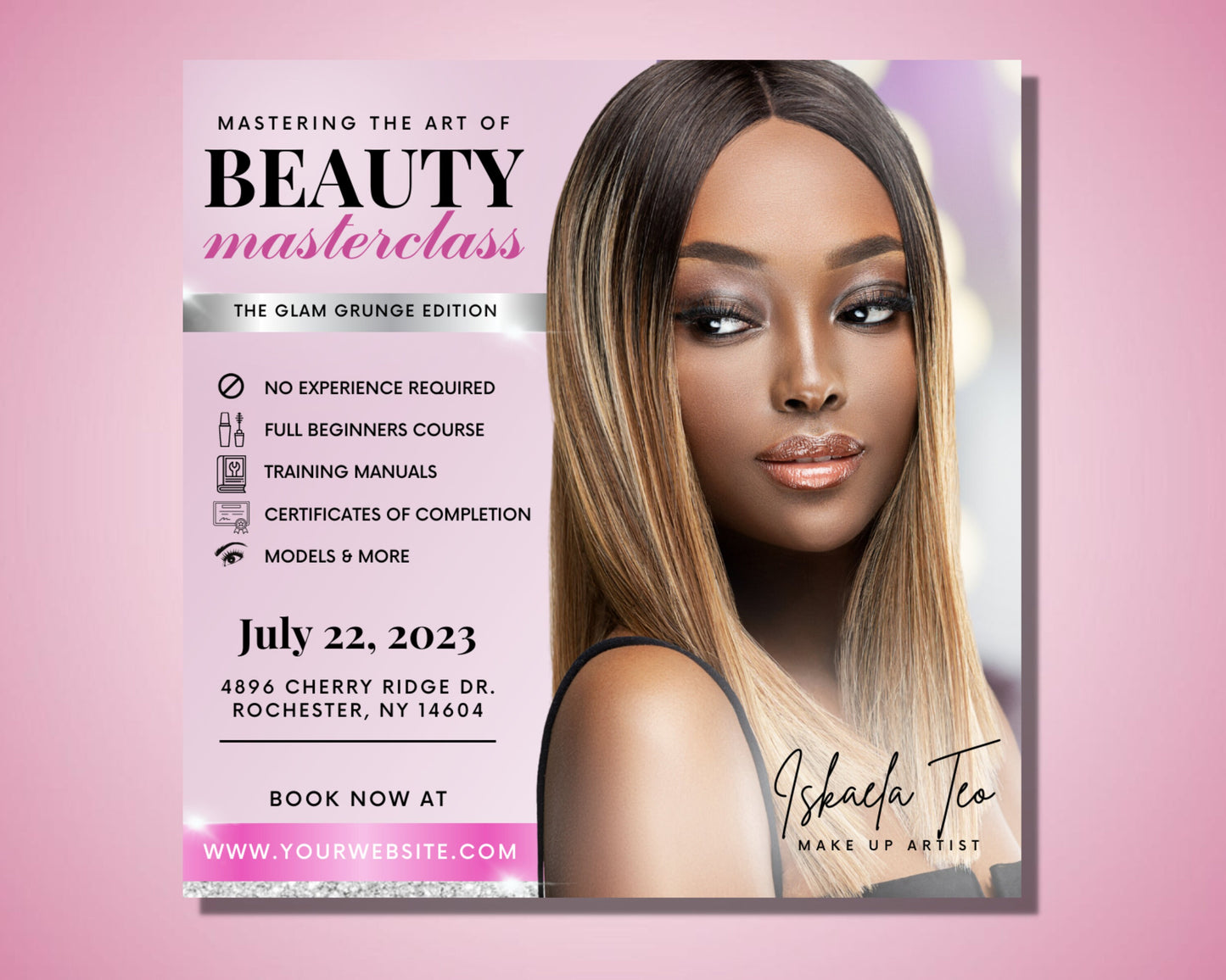 beauty masterclass flyer, diy flyer template design, makeup course flyer, makeup training flyer, makeup artist flyer, premade instagram post