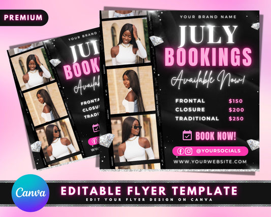 July Bookings Flyer, DIY Flyer Template Design, July Appointment Flyer, Hair Lash Instagram Post, Book Now Flyer, Premade Salon Flyer