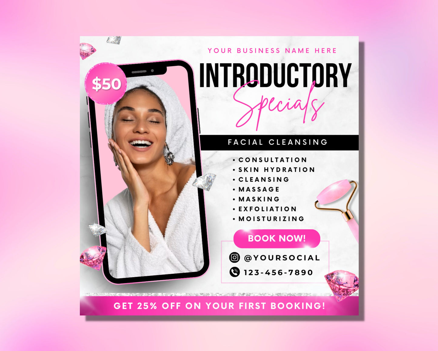 facial treatment specials flyer, diy flyer template, facial spa appointment flyer, facial book now flyer, premade aesthetician booking flyer