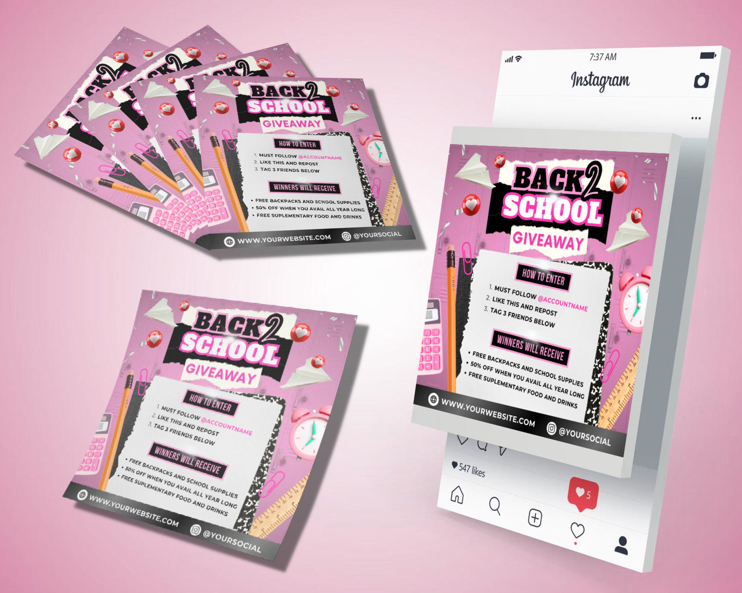 back to school giveaway flyer, diy flyer template design, back to school contest flyer, raffle ticket event flyer, premade social media post