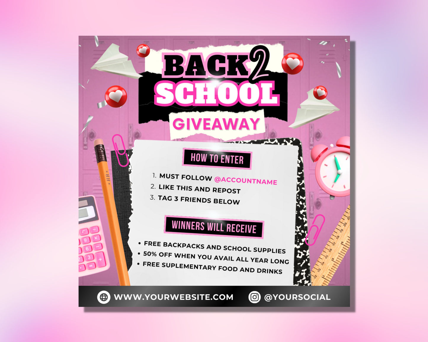 back to school giveaway flyer, diy flyer template design, back to school contest flyer, raffle ticket event flyer, premade social media post