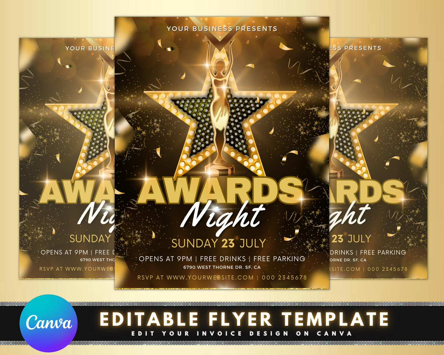 awards night flyer, diy flyer template design, business event flyer, gala night party invite, invitation flyer, awards night social media