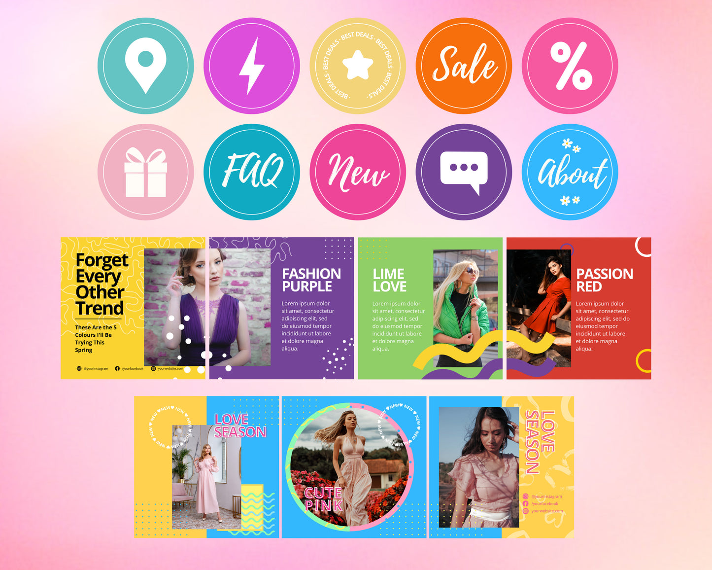 colorful social media post bundle, diy template design, instagram stories, instagram posts, social media manager, instagram highlights