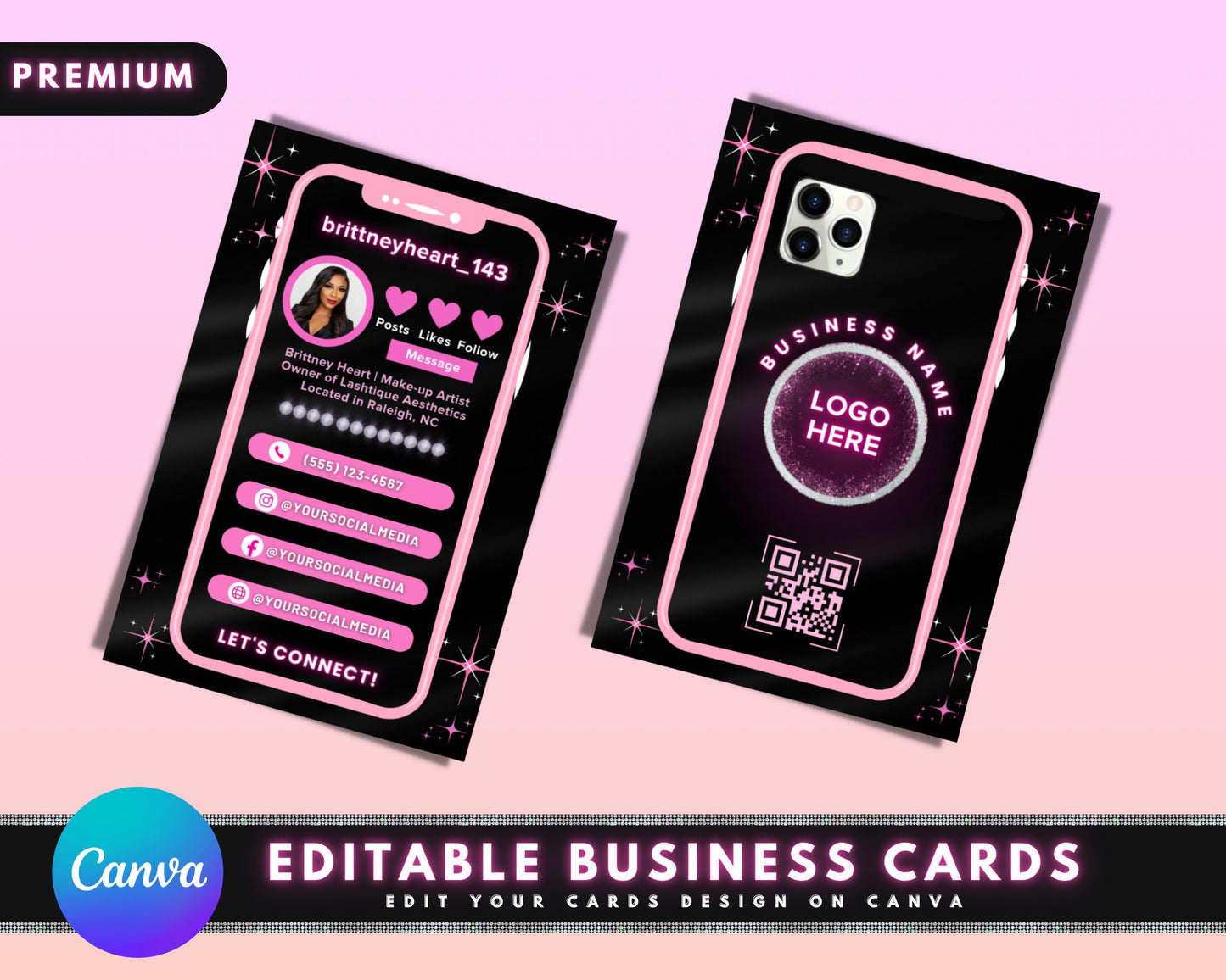 instagram style business cards, diy cards template design, cell phone business cards, salon business cards, lash tech premade business cards