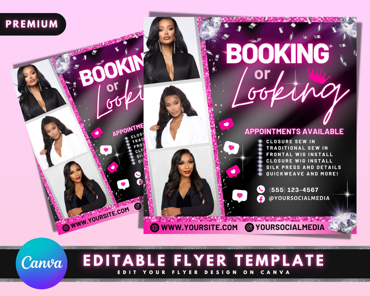 booking or looking flyer, diy flyer template, hair salon appointment flyer, book now flyer, premade lashes nails wigs make up booking flyer