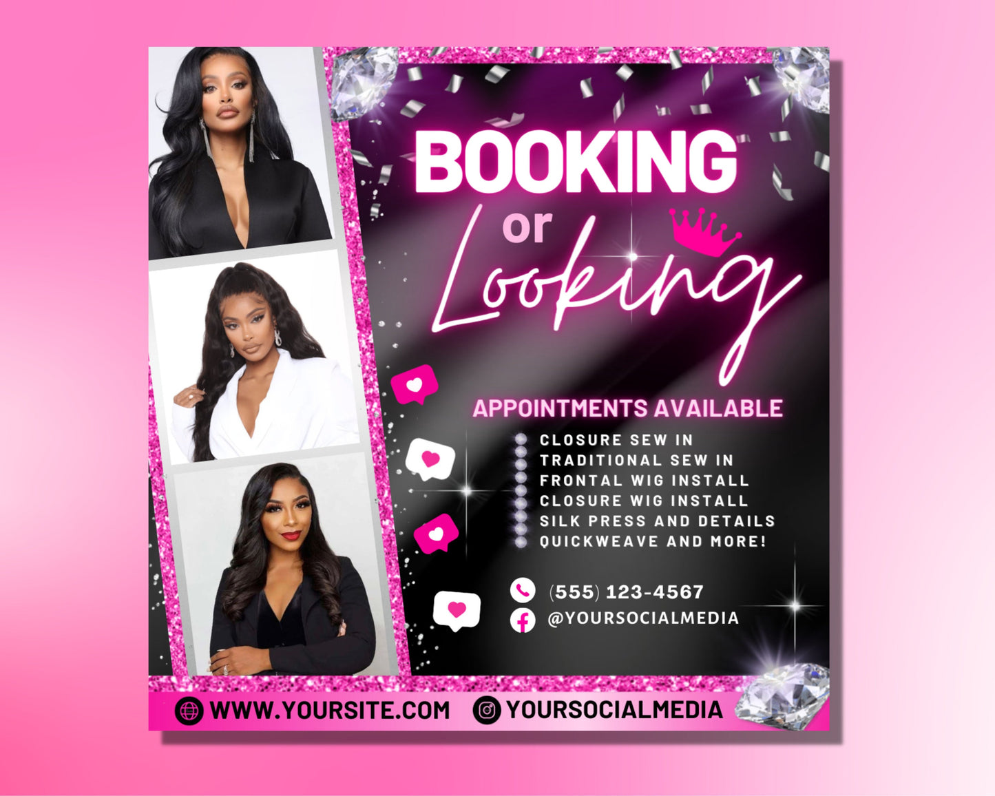 booking or looking flyer, diy flyer template, hair salon appointment flyer, book now flyer, premade lashes nails wigs make up booking flyer