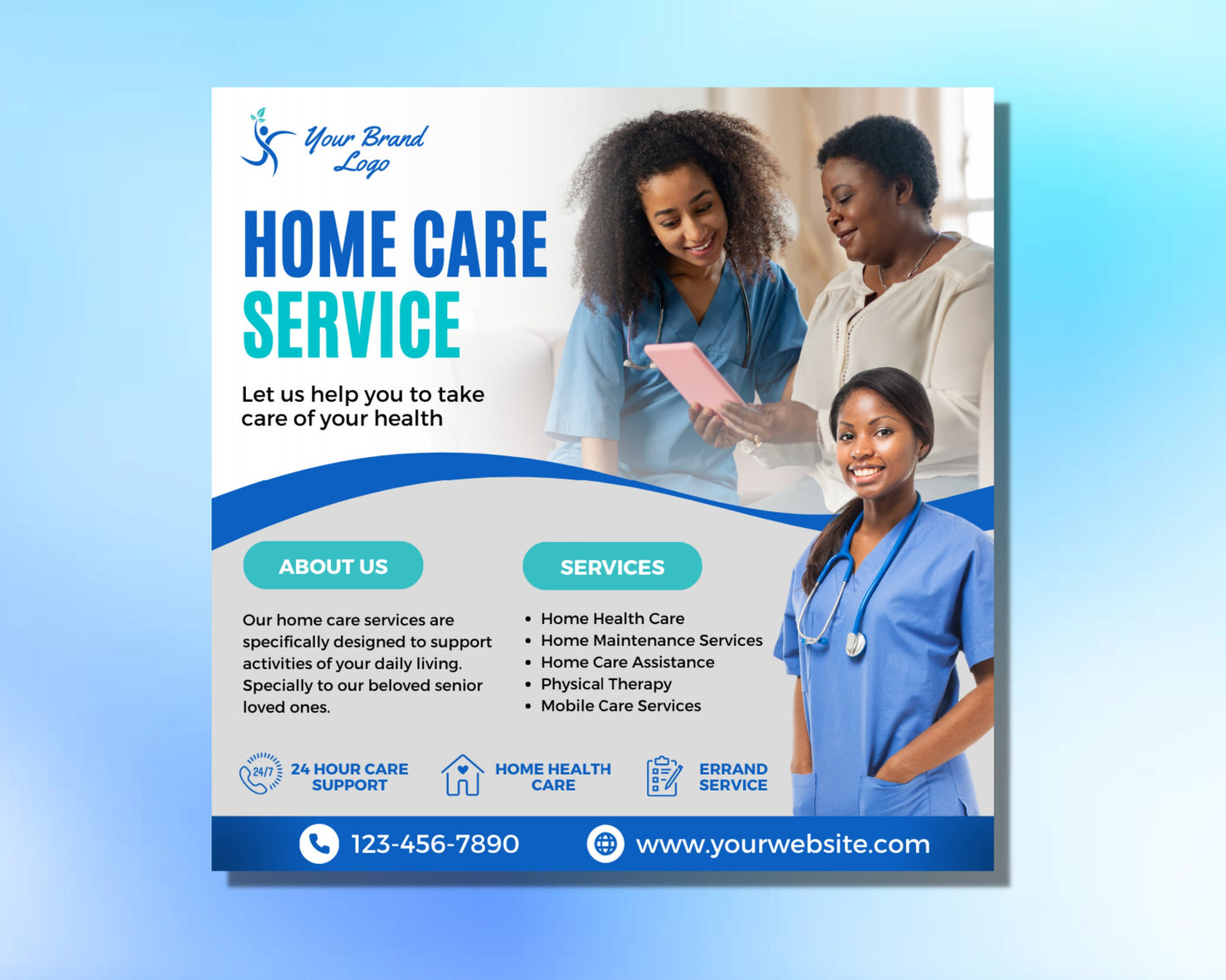 home care service flyer, diy flyer template design, home health care flyer, home care assistance flyer, nursing home flyer, premade flyer