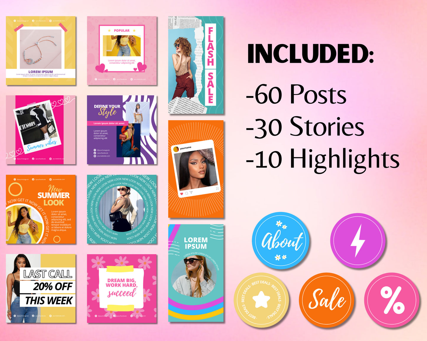 colorful social media post bundle, diy template design, instagram stories, instagram posts, social media manager, instagram highlights