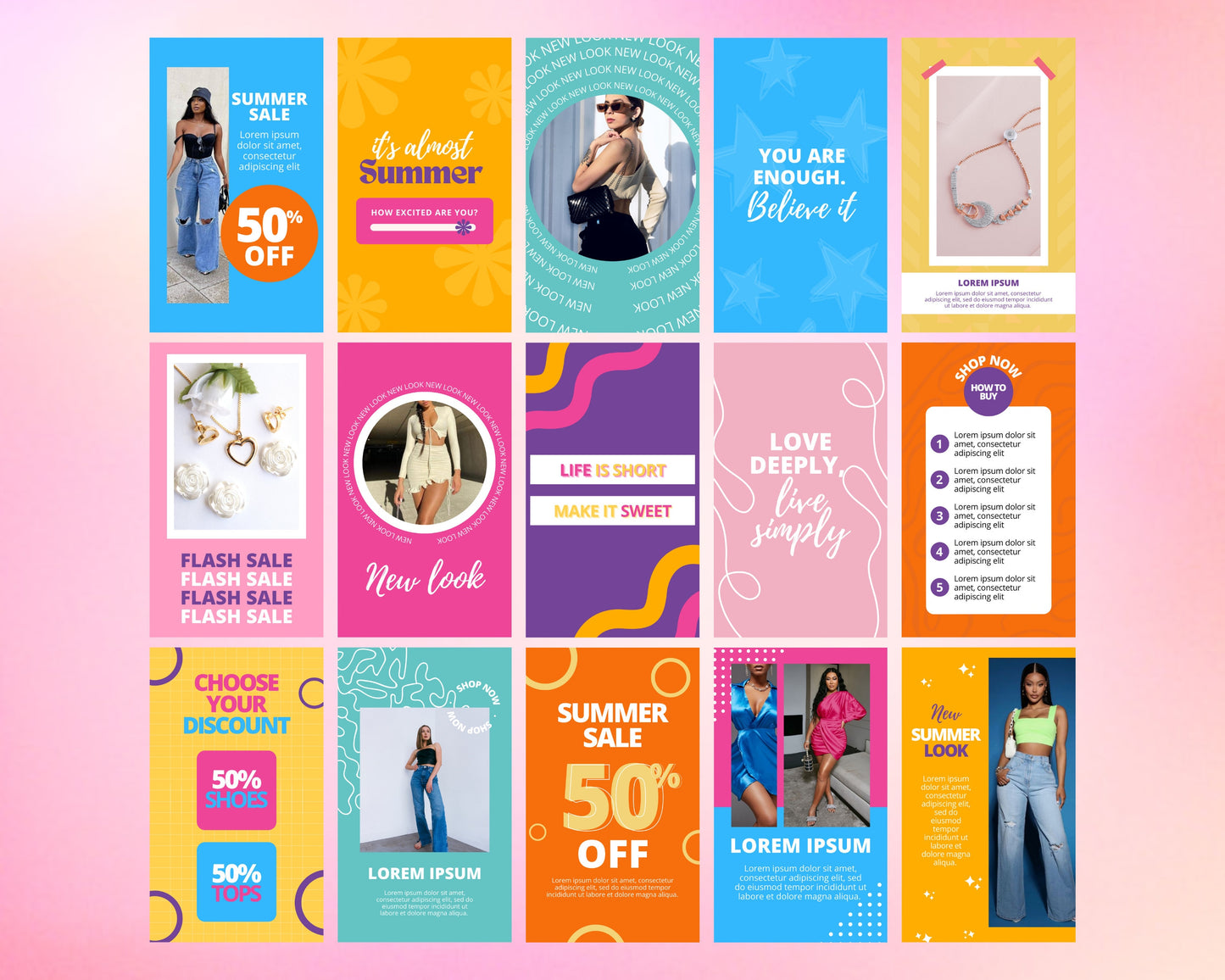 colorful social media post bundle, diy template design, instagram stories, instagram posts, social media manager, instagram highlights