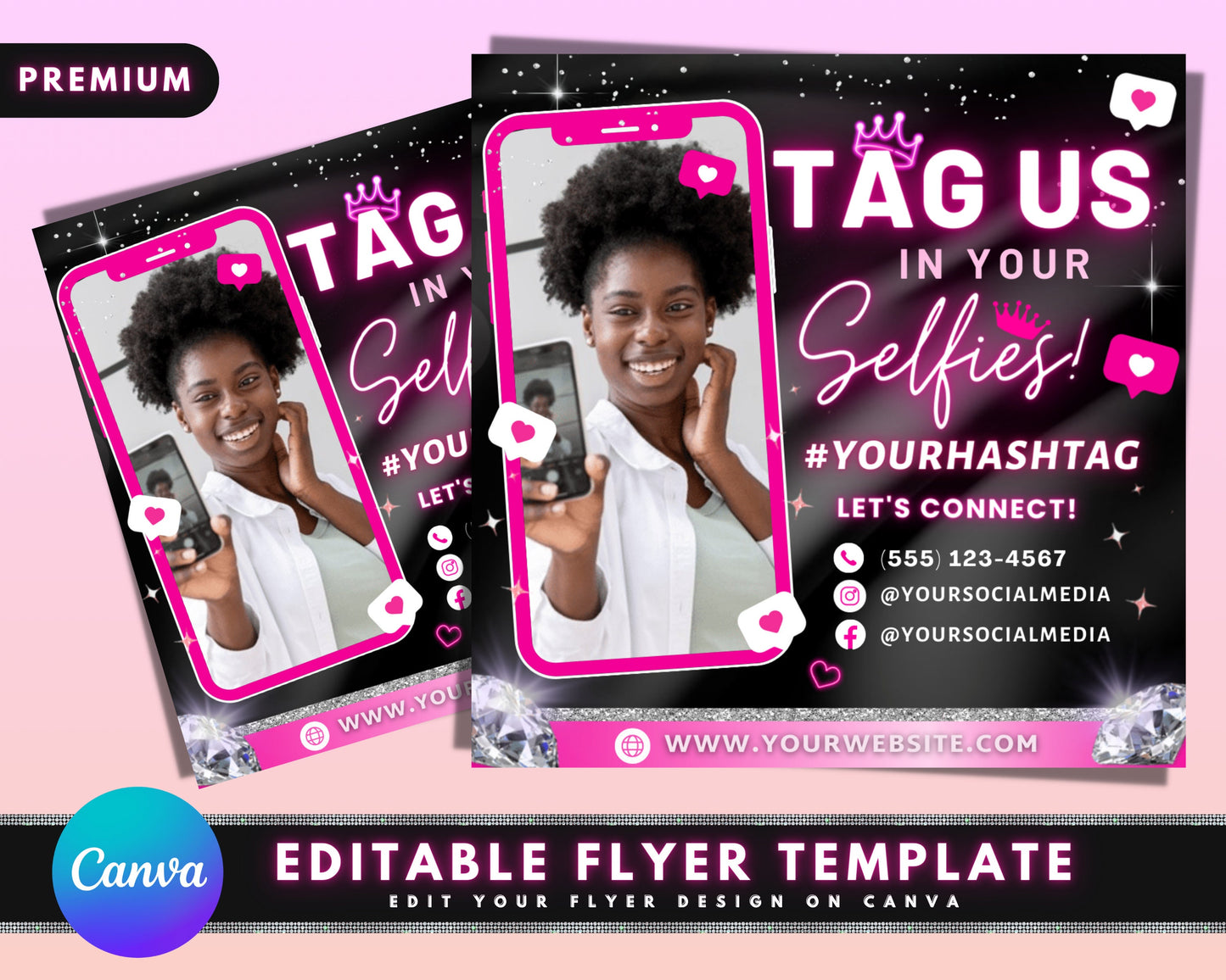 tag us in your selfie flyer, diy flyer template design, we love selfie flyer, tag us flyer, client selfie premade social media beauty flyer