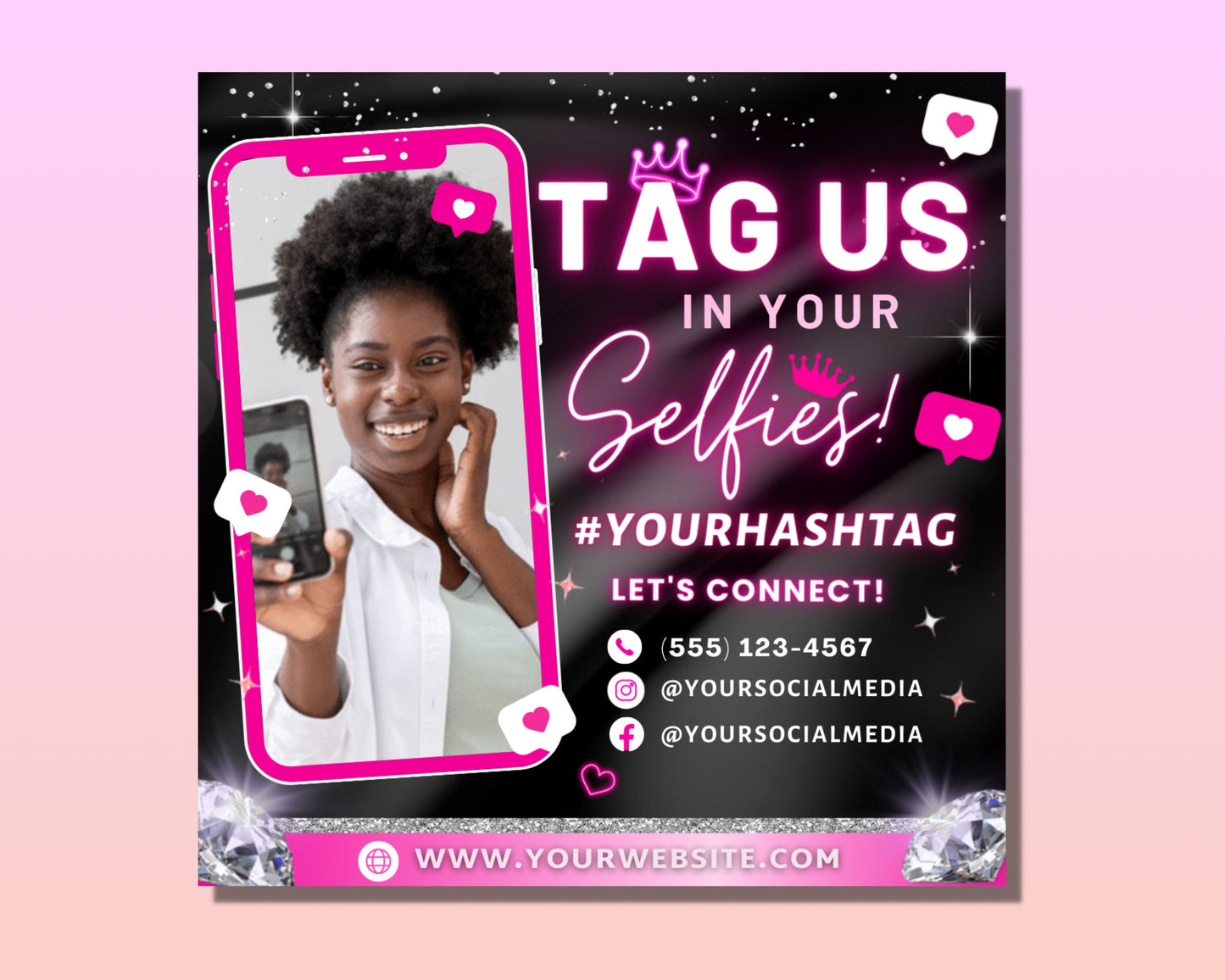 tag us in your selfie flyer, diy flyer template design, we love selfie flyer, tag us flyer, client selfie premade social media beauty flyer