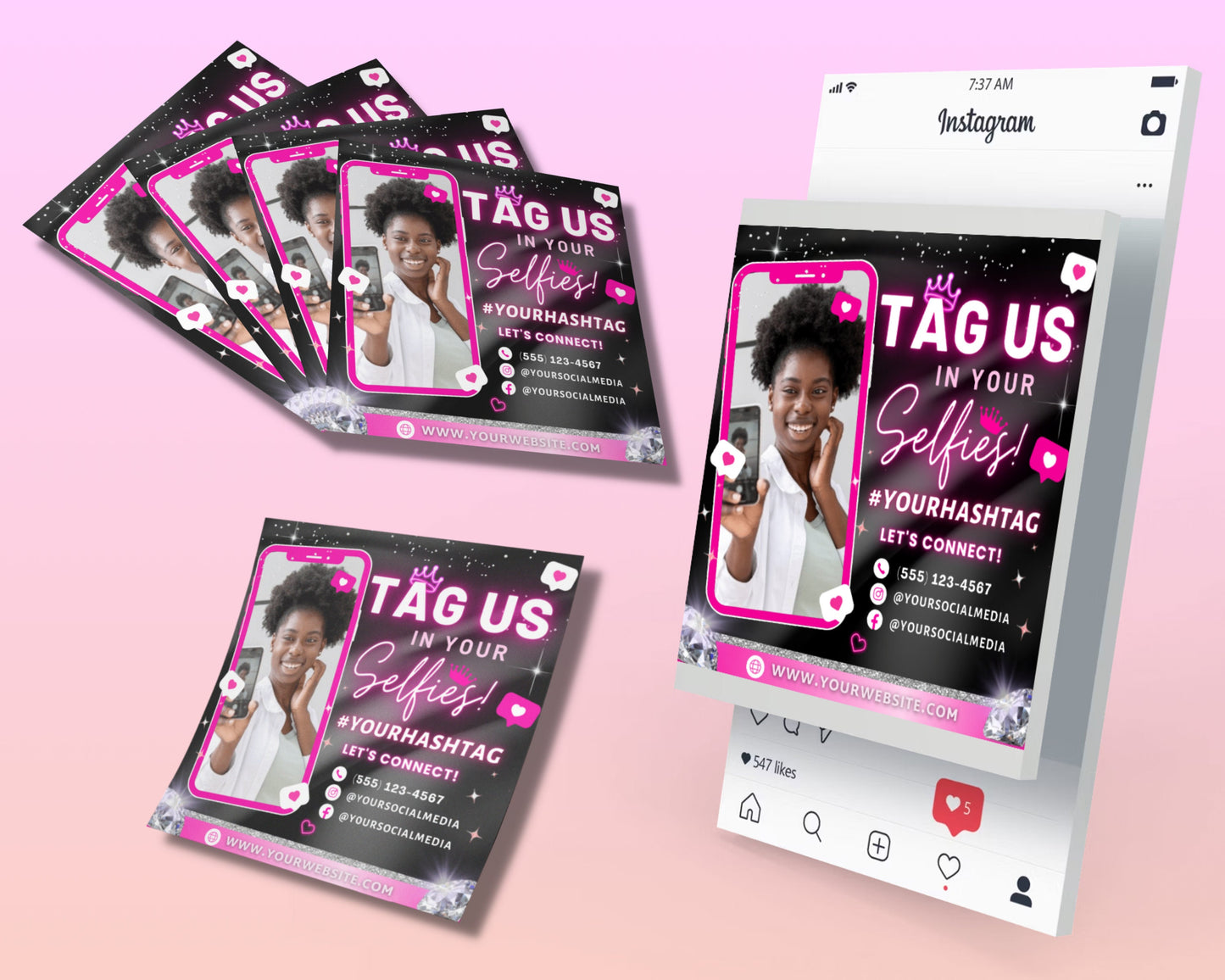 tag us in your selfie flyer, diy flyer template design, we love selfie flyer, tag us flyer, client selfie premade social media beauty flyer