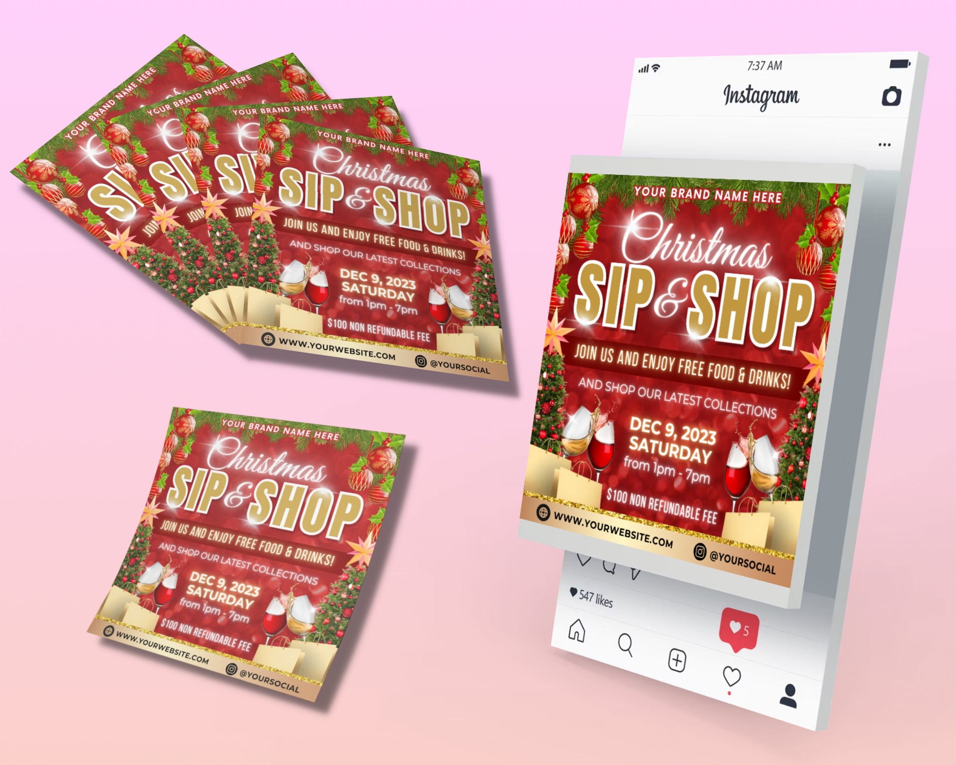 Christmas Sip and Shop Flyers Templates Shopping Drinks Holiday Cheer Festive Gifts Sales Discounts