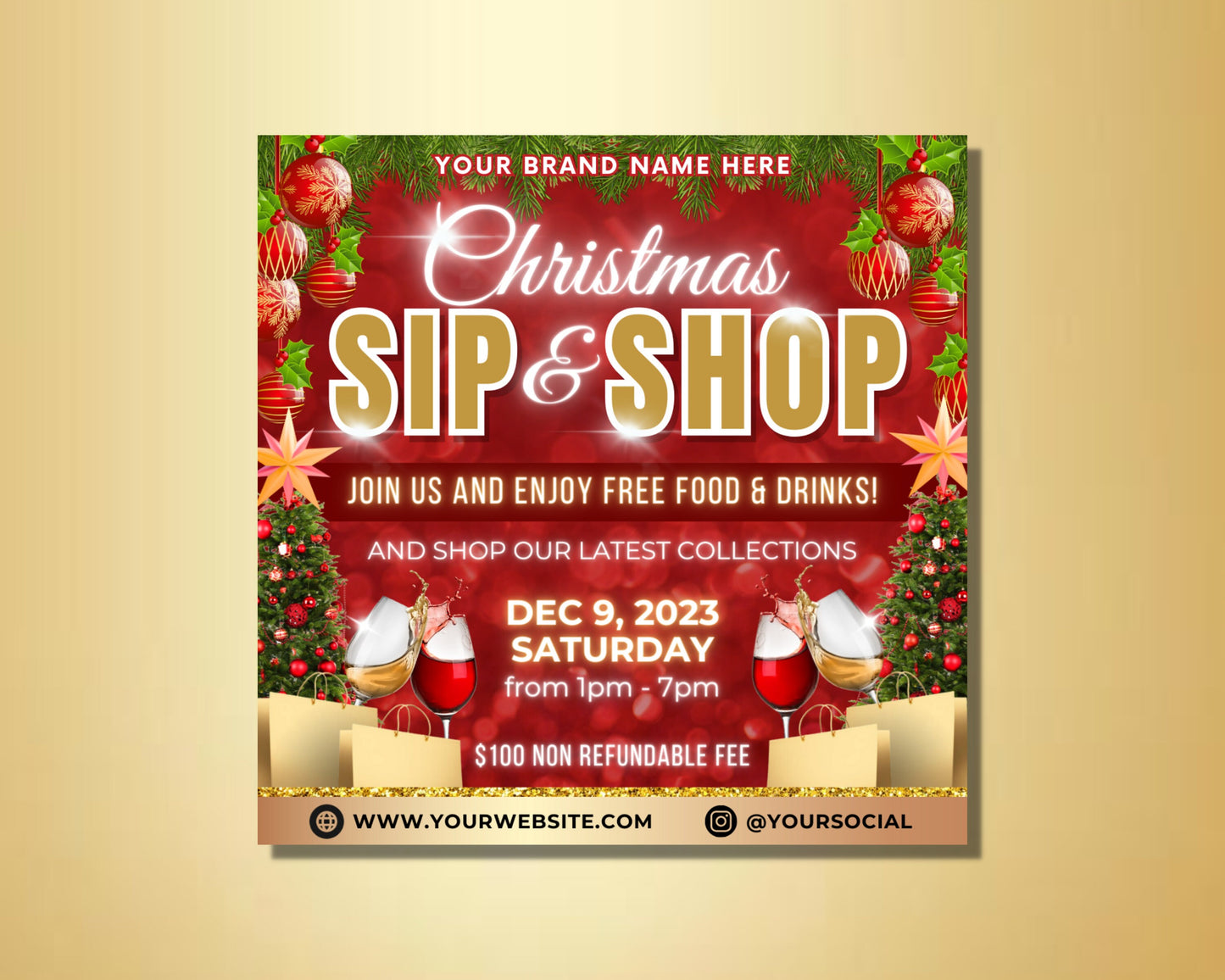 christmas sip and shop flyers templates shopping drinks holiday cheer festive gifts sales discounts