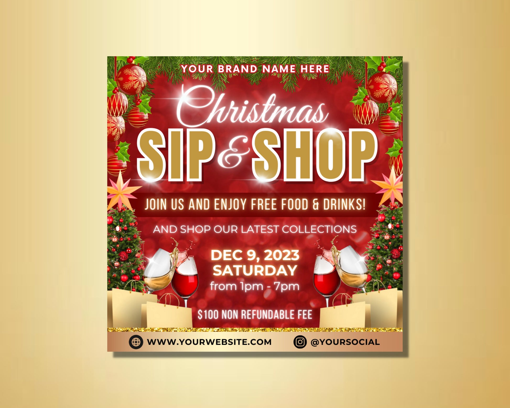 Christmas Sip and Shop Flyers Templates Shopping Drinks Holiday Cheer Festive Gifts Sales Discounts