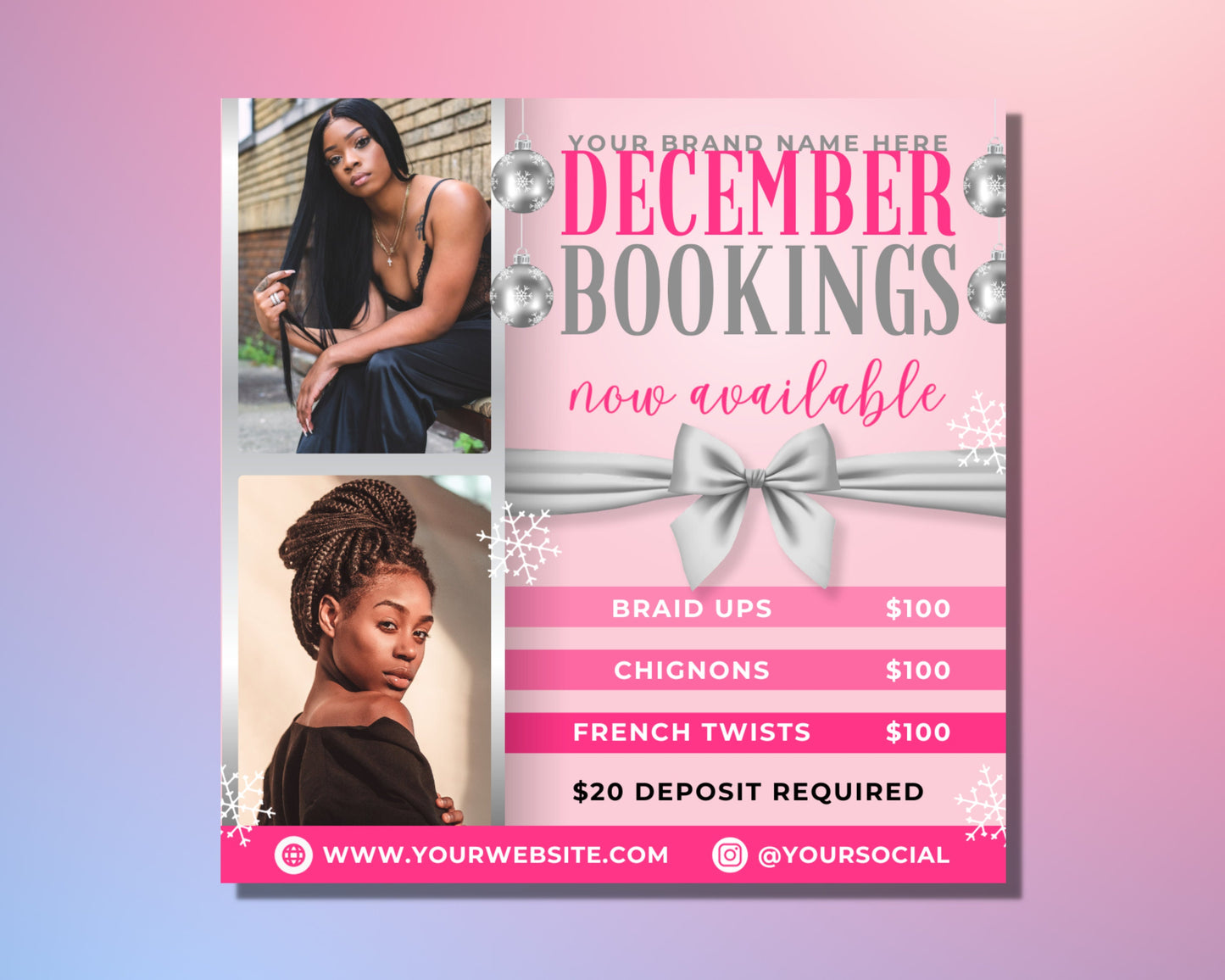 december bookings holiday bookings special offers limited-time deals book now december hair bookings hair bookings hair salon hair stylist hairdresser christmas hair holiday hair festive hair winter hair haircuts blowouts styling extensions braiding