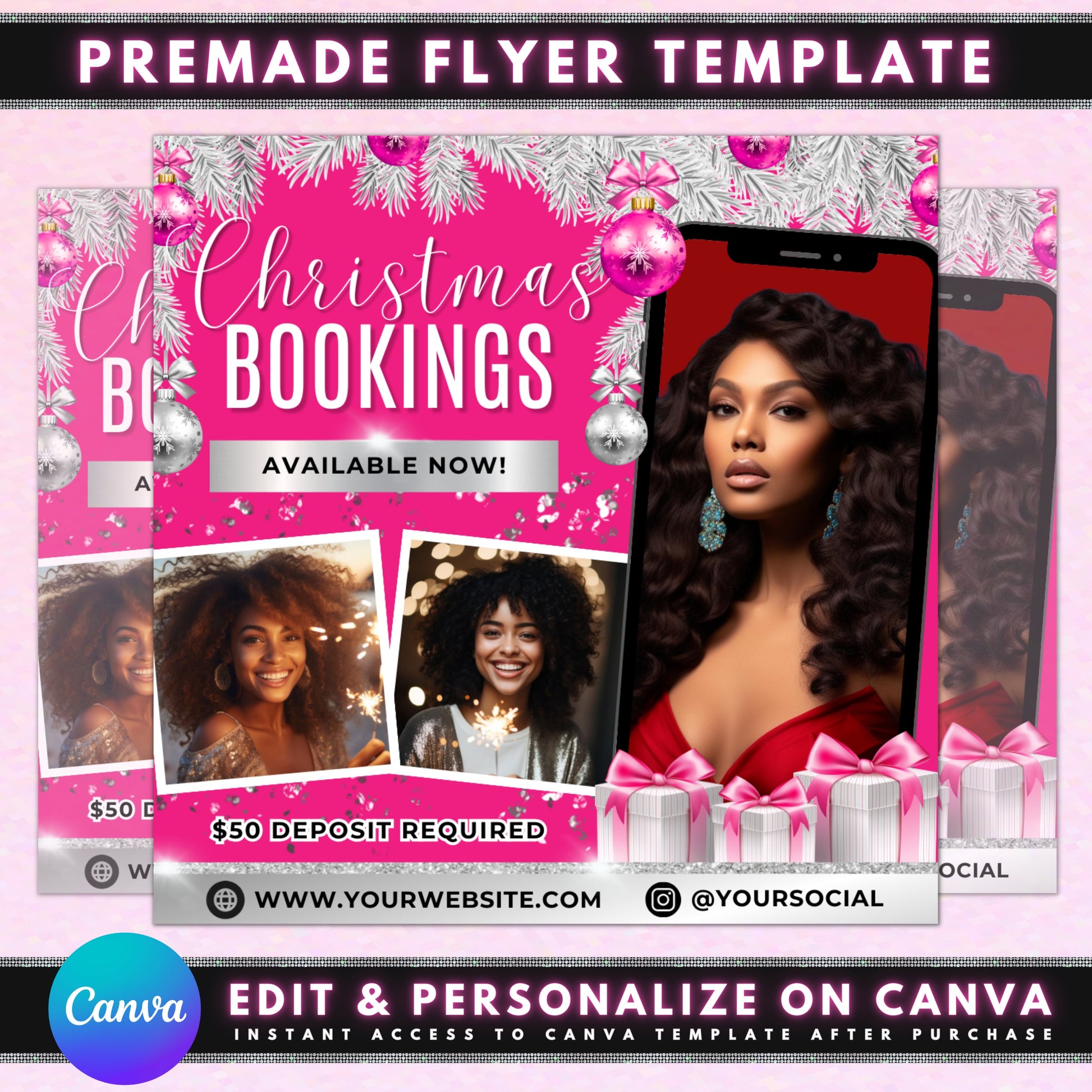 Christmas Bookings Beauty Flyer Template Appointments Hair Makeup Nails Skin Facials Massages WaxingHair styling Hair coloring Makeup application Nail art Gel nails Acrylic nails Manicures Pedicures Special offers Discounts Promotions